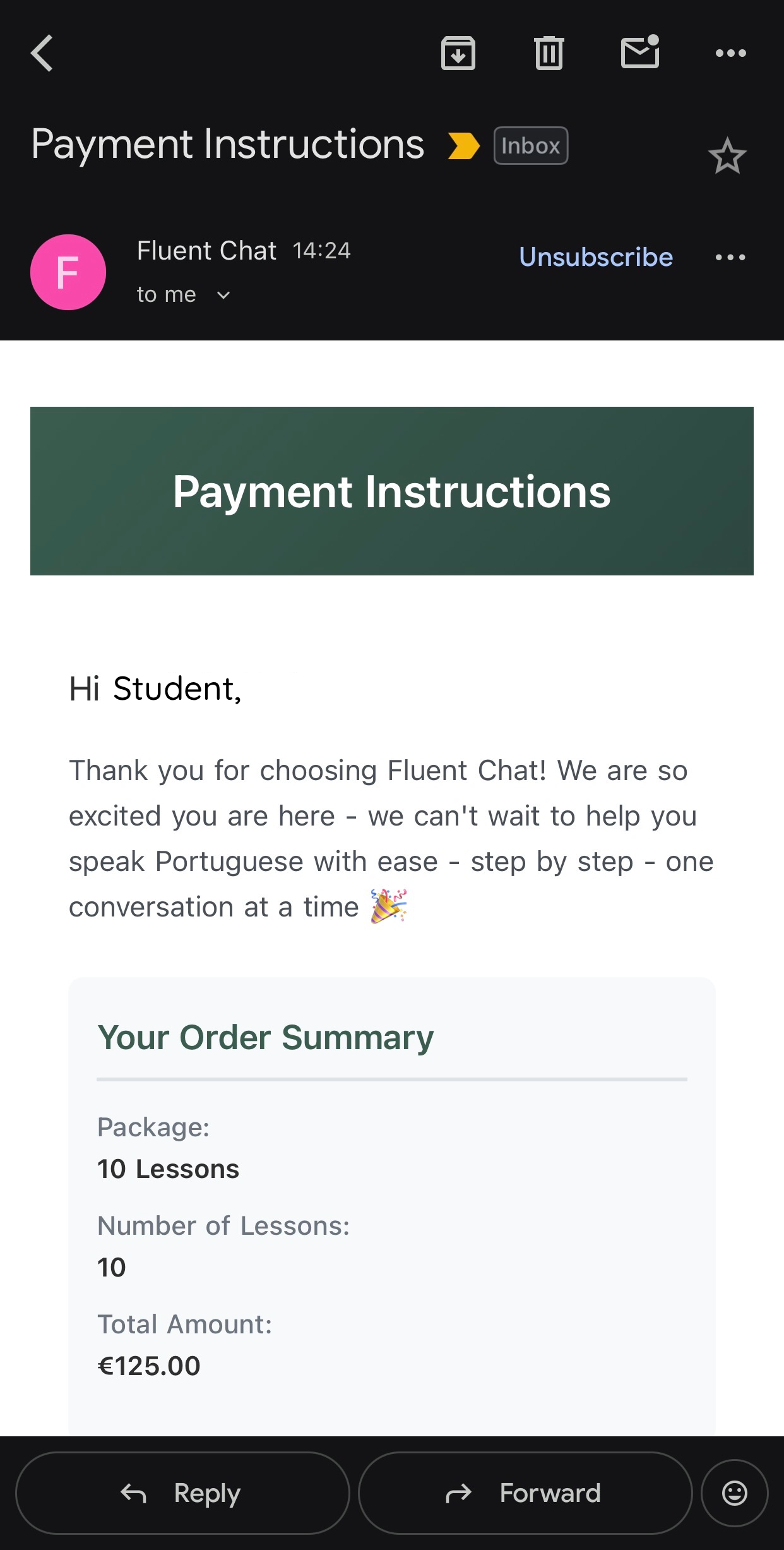 Payment Instructions Email